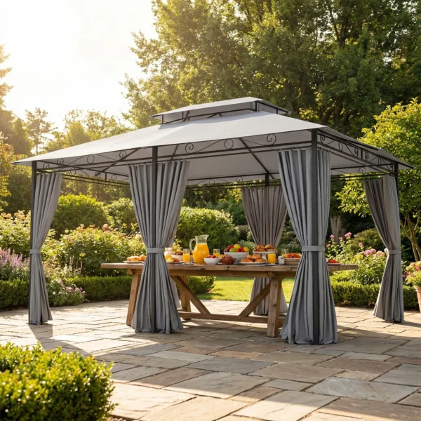 Tuinpaviljoen, Buitenpaviljoen Met Gordijnen, Geventileerd Dak, Donkergrijs