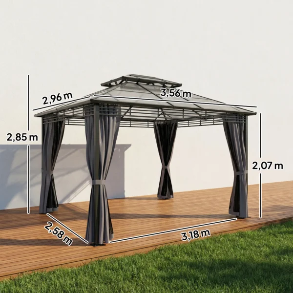 Tuinpaviljoen Ca. 3,6x3m Aluminium Paviljoen Met 6 Mm Polycarbonaat Dubbeldak, Muskietennet 4 Zijpanelen Donkergrijs