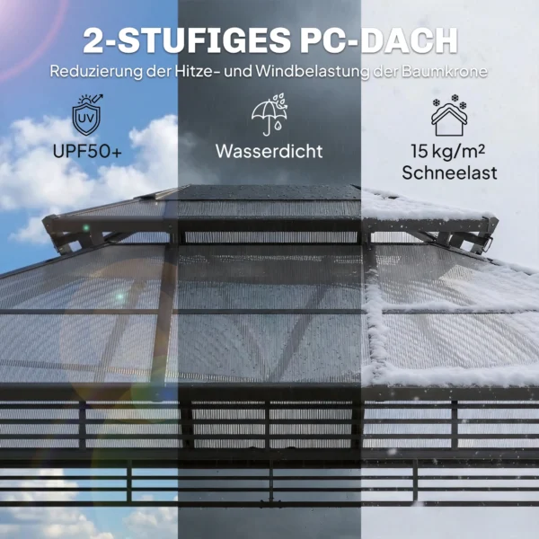 Tuinpaviljoen Ca. 3,6x3m Aluminium Paviljoen Met 6 Mm Polycarbonaat Dubbeldak, Muskietennet 4 Zijpanelen Donkergrijs