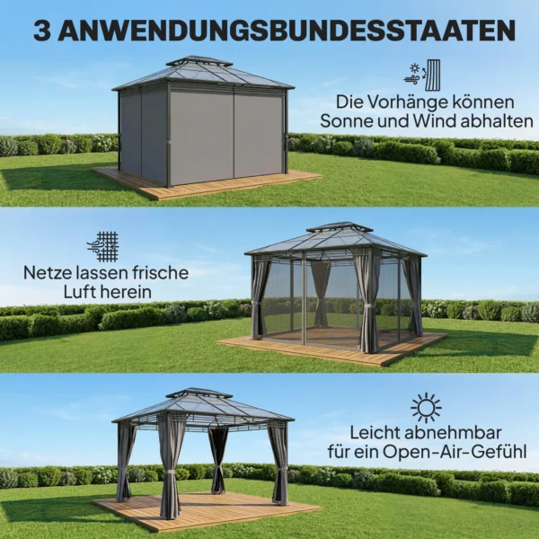 Tuinpaviljoen Ca. 3,6x3m Aluminium Paviljoen Met 6 Mm Polycarbonaat Dubbeldak, Muskietennet 4 Zijpanelen Donkergrijs