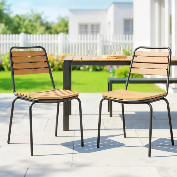 Tuinstoel 2 delige Set Weerbestendig Tuinstoelen Van Staal En Hout Stapelstoel Met Rugleuning Tot 160kg Belastbaar Natuurhout