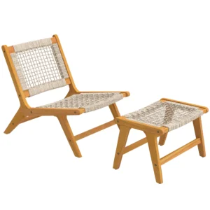 Tuinstoel Met Voetenbankje 2 delig FSC Acaciahout Outdoor Loungestoel Met Rattan zitting Boho stijl Verstelbare Voeten