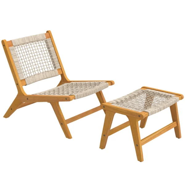 Tuinstoel Met Voetenbankje 2 delig FSC Acaciahout Outdoor Loungestoel Met Rattan zitting Boho stijl Verstelbare Voeten