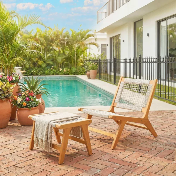 Tuinstoel Met Voetenbankje 2 delig FSC Acaciahout Outdoor Loungestoel Met Rattan zitting Boho stijl Verstelbare Voeten