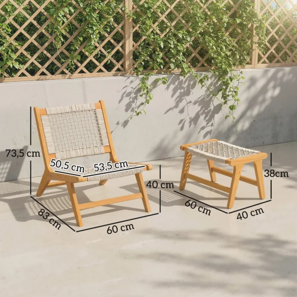 Tuinstoel Met Voetenbankje 2 delig FSC Acaciahout Outdoor Loungestoel Met Rattan zitting Boho stijl Verstelbare Voeten