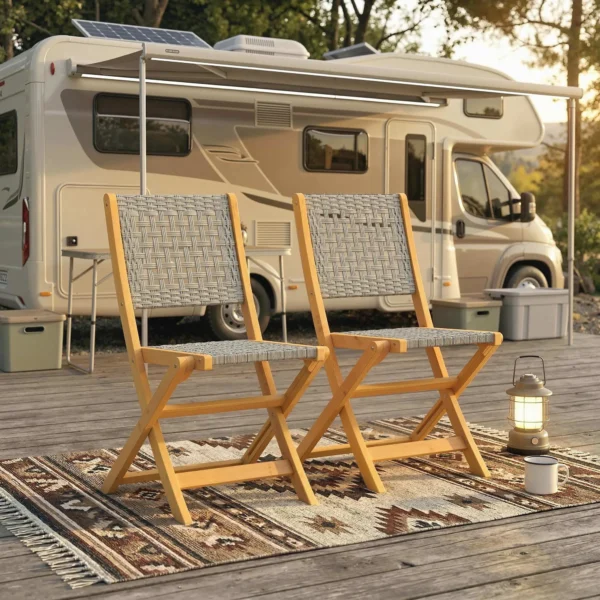 Tuinstoelen 2 Stuks FSC Klapstoel Met Ademende Zitting Aangename Zithoogte Van Massief Hout & Polyrattan