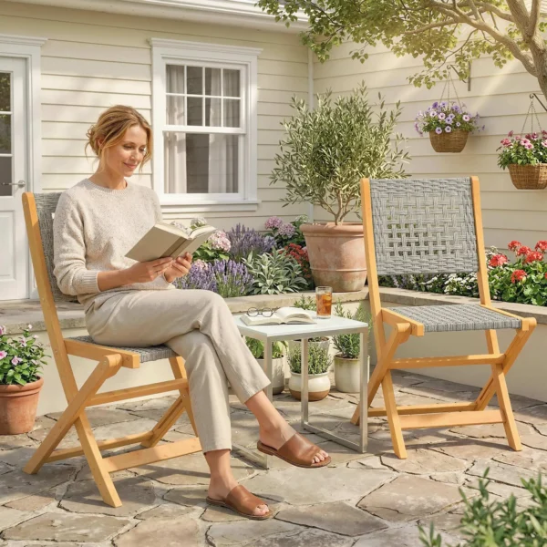 Tuinstoelen 2 Stuks FSC Klapstoel Met Ademende Zitting Aangename Zithoogte Van Massief Hout & Polyrattan