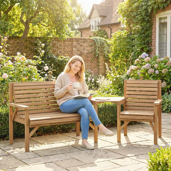 Tuinstoelen 3 delige Set, Balkonmeubelset Met Parasolgat, Tuinstoel, Bank, Afneembare Tafel 121x65x90 Cm Natuurhout