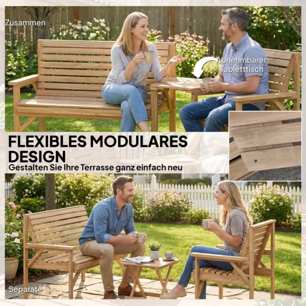 Tuinstoelen 3 delige Set, Balkonmeubelset Met Parasolgat, Tuinstoel, Bank, Afneembare Tafel 121x65x90 Cm Natuurhout