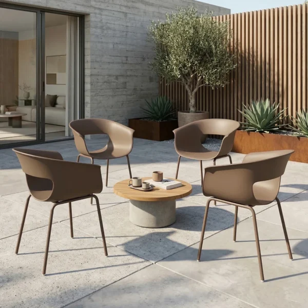 Tuinstoelen Set Van 4 Ergonomisch Balkonstoelen Met Uitsnijdingsontwerp Armleuning Weerbestendig Roestbestendig Koffie