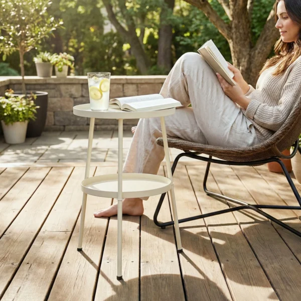 Tuintafel Ø36 Cm, Balkontafel Van Metaal, Eettafel Buiten, Ronde Terrastafel Voor Tuin Terras Balkon Crèmewit