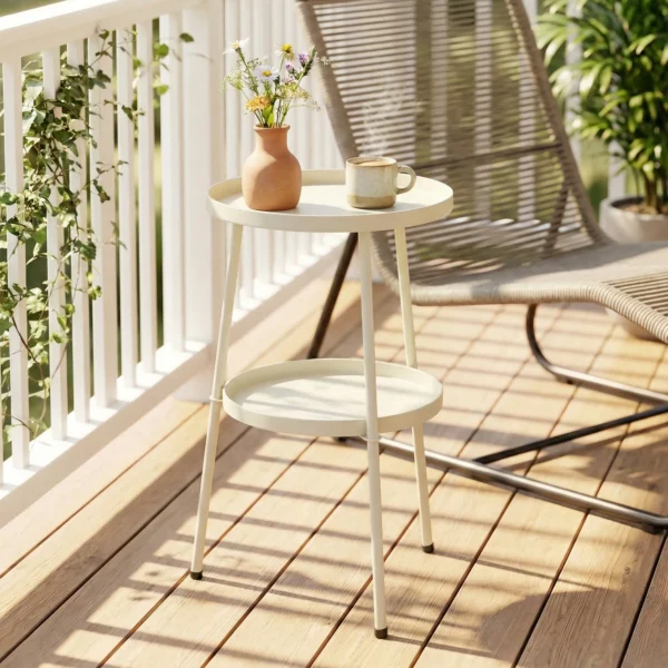 Tuintafel Ø36 Cm, Balkontafel Van Metaal, Eettafel Buiten, Ronde Terrastafel Voor Tuin Terras Balkon Crèmewit