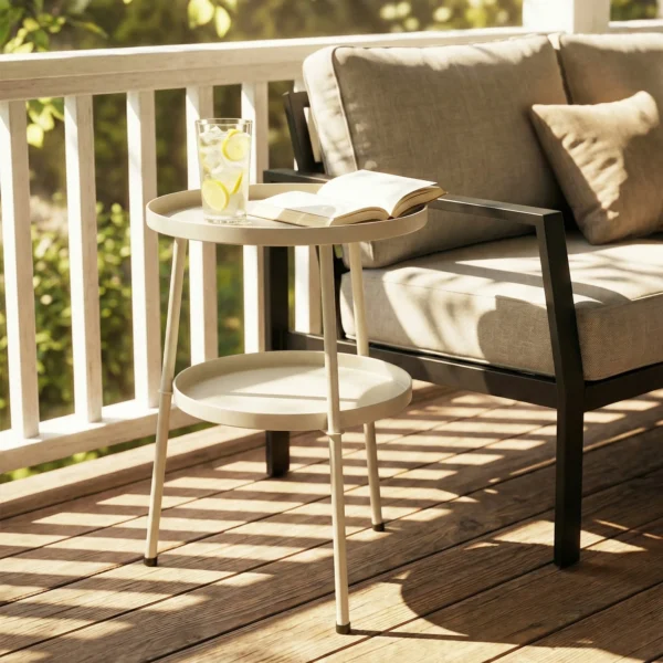 Tuintafel Ø36 Cm, Balkontafel Van Metaal, Eettafel Buiten, Ronde Terrastafel Voor Tuin Terras Balkon Crèmewit