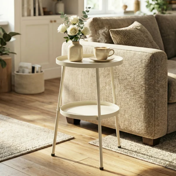 Tuintafel Ø36 Cm, Balkontafel Van Metaal, Eettafel Buiten, Ronde Terrastafel Voor Tuin Terras Balkon Crèmewit