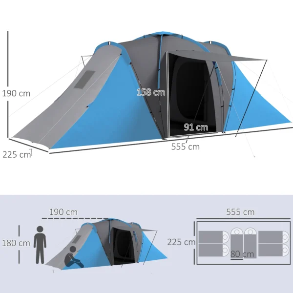 Tunneltent, 2000mm Waterafstotend Kampeertent Voor 4 6 Personen, Met 2 Slaapkamers Woonruimte Draagtas Grijs+Blauw