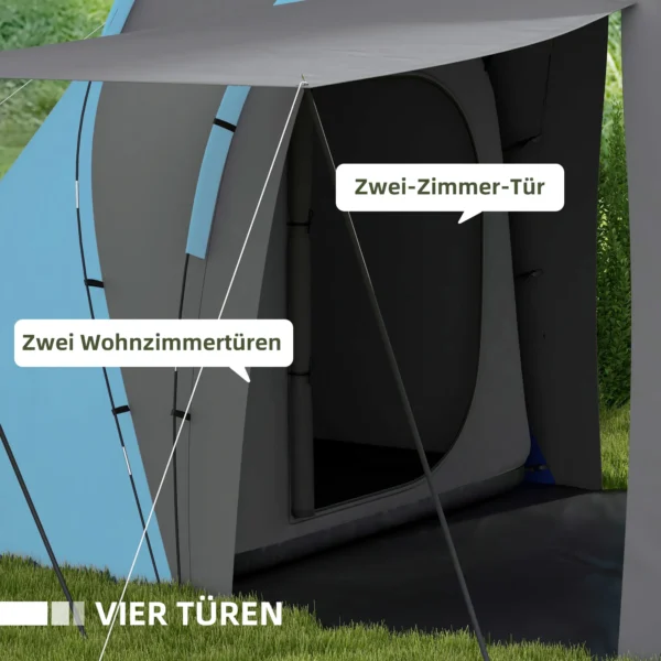 Tunneltent, 2000mm Waterafstotend Kampeertent Voor 4 6 Personen, Met 2 Slaapkamers Woonruimte Draagtas Grijs+Blauw