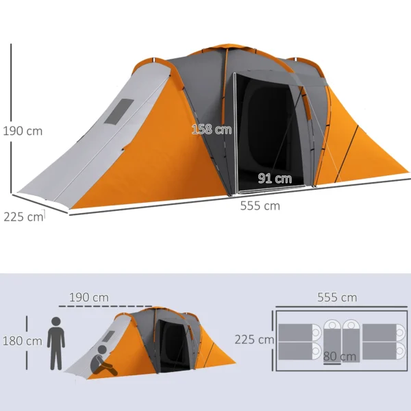 Tunneltent, 2000mm Waterafstotend Kampeertent Voor 4 6 Personen, Met 2 Slaapkamers Woonruimte Draagtas Grijs+Oranje