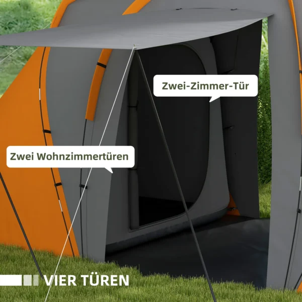 Tunneltent, 2000mm Waterafstotend Kampeertent Voor 4 6 Personen, Met 2 Slaapkamers Woonruimte Draagtas Grijs+Oranje