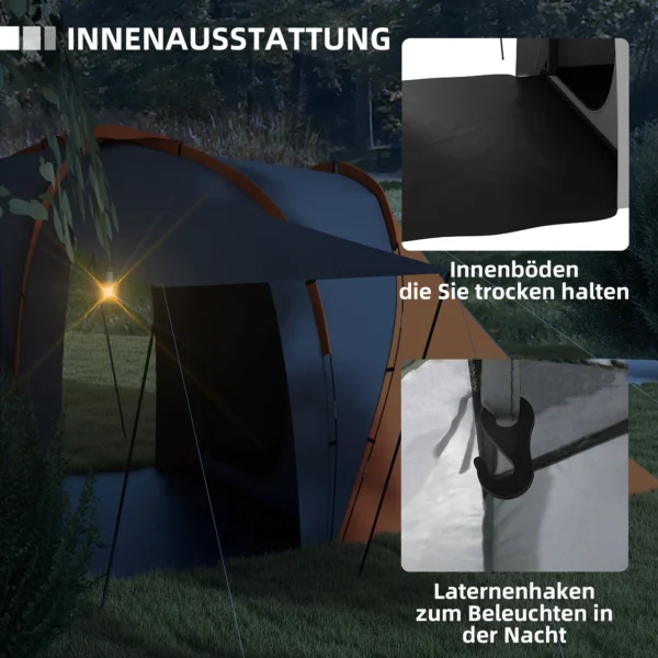 Tunneltent, 2000mm Waterafstotend Kampeertent Voor 4 6 Personen, Met 2 Slaapkamers Woonruimte Draagtas Grijs+Oranje