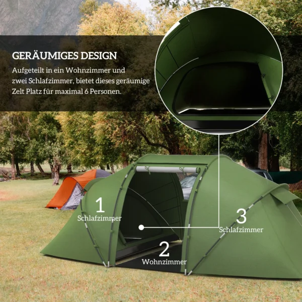 Tunneltent Voor 4 6 Personen, Kampeertent Met Deur, Grondzeil, 2000mm Waterdicht Groen