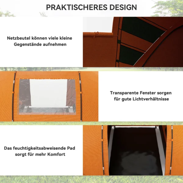 Tunneltent Voor 4 6 Personen, Kampeertent Met Deur, Grondzeil, 2000mm Waterdicht Oranje