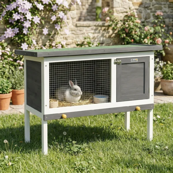 Verhoogd Konijnenhok Van Hout Met Opklapbaar Bitumendak En Uitschuifbare Lade 90x45x65 Cm Grijs