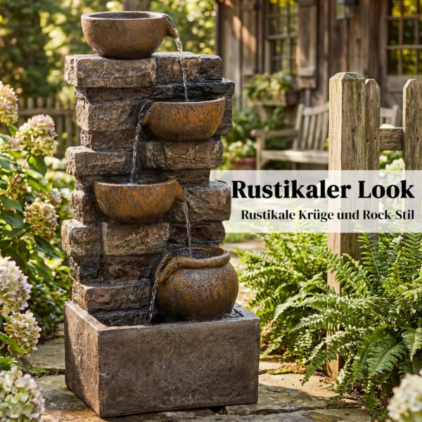 Vijftraps Fontein Voor De Tuin Met LED verlichting, Steenlook Pomp, Verstelbaar 31 X 25,5 X 72 Cm