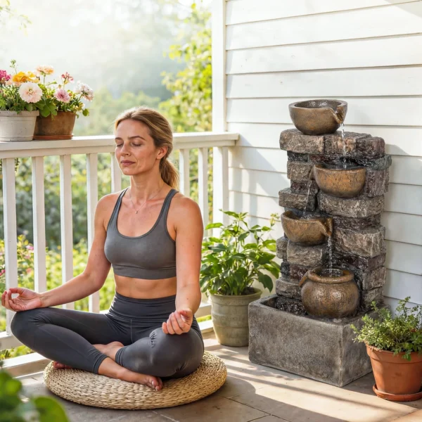 Vijftraps Fontein Voor De Tuin Met LED verlichting, Steenlook Pomp, Verstelbaar 31 X 25,5 X 72 Cm