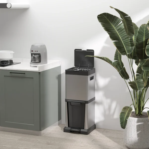 Vuilnisbak 20+14L Pedaalemmer Met Deksel Voetpedaal Kiepbak Uitneembare Binnenbakken, Roestvrij Staal 32,5 X 31,5 X 78 Cm Zilver