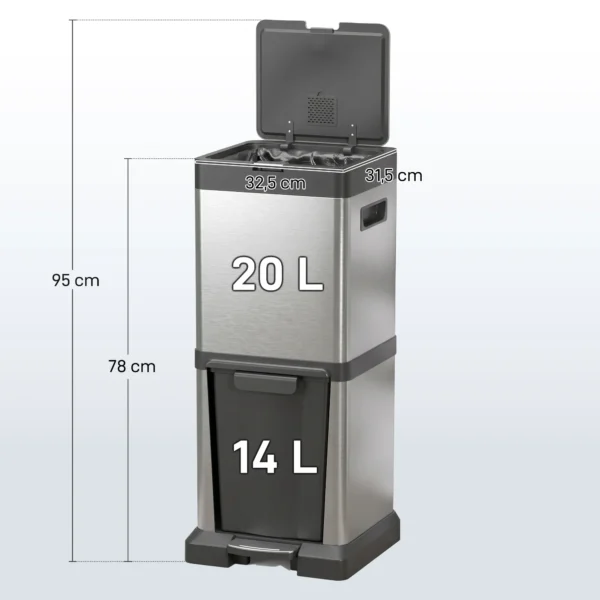 Vuilnisbak 20+14L Pedaalemmer Met Deksel Voetpedaal Kiepbak Uitneembare Binnenbakken, Roestvrij Staal 32,5 X 31,5 X 78 Cm Zilver
