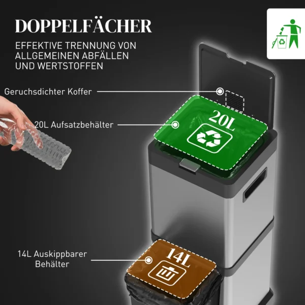Vuilnisbak 20+14L Pedaalemmer Met Deksel Voetpedaal Kiepbak Uitneembare Binnenbakken, Roestvrij Staal 32,5 X 31,5 X 78 Cm Zilver