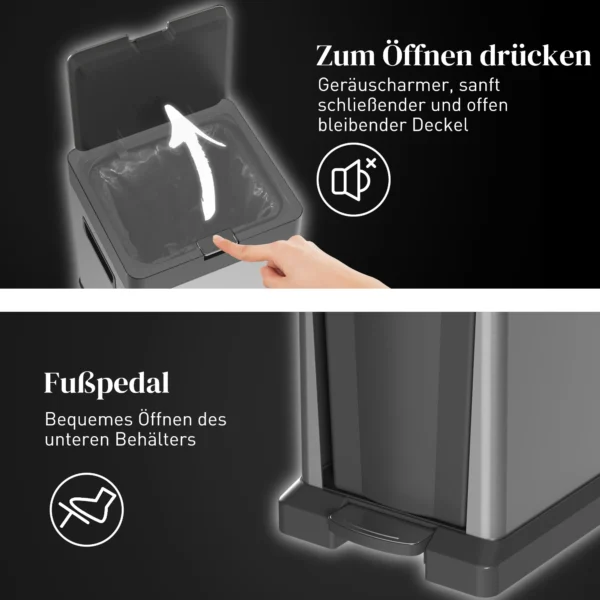 Vuilnisbak 20+14L Pedaalemmer Met Deksel Voetpedaal Kiepbak Uitneembare Binnenbakken, Roestvrij Staal 32,5 X 31,5 X 78 Cm Zilver