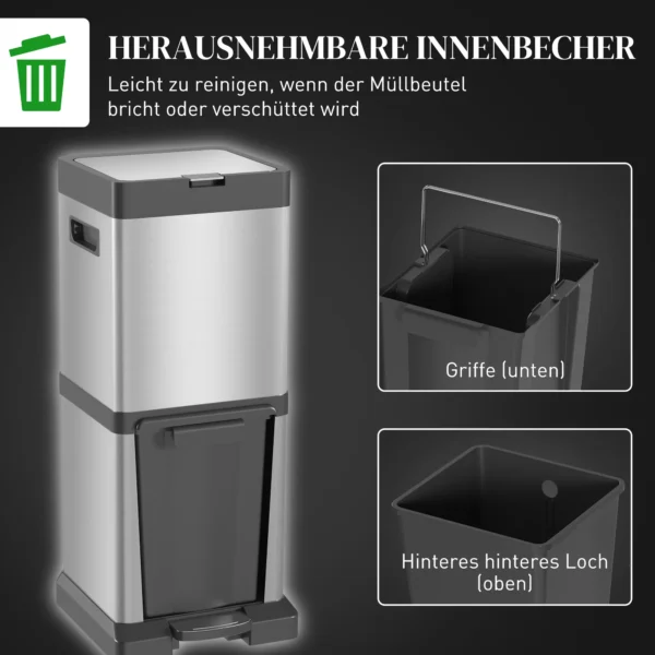 Vuilnisbak 20+14L Pedaalemmer Met Deksel Voetpedaal Kiepbak Uitneembare Binnenbakken, Roestvrij Staal 32,5 X 31,5 X 78 Cm Zilver