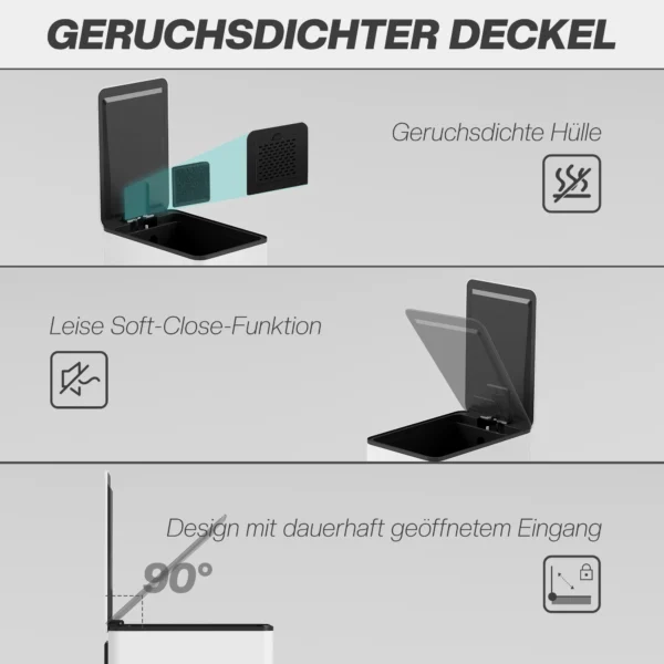 Vuilnisbak 20L, Soft Close Deksel, Deodorant Vak, Vingerafdrukbestendig, Roestvrij Staal, Wit