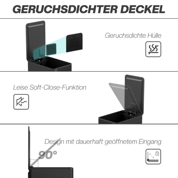 Vuilnisbak 20L, Soft Close Deksel, Deodorant Vak, Vingerafdrukbestendig, Roestvrij Staal, Zwart