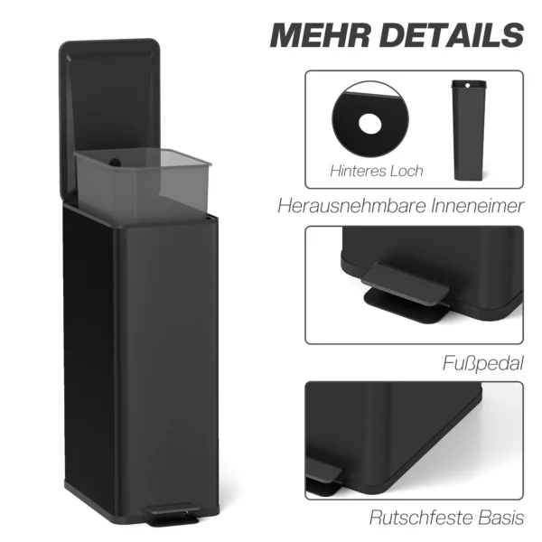 Vuilnisbak 20L, Soft Close Deksel, Deodorant Vak, Vingerafdrukbestendig, Roestvrij Staal, Zwart