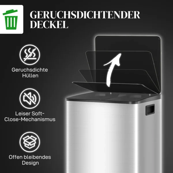 Vuilnisbak Met 2x20L Vakken, Soft Close deksel, Vingerafdrukbestendig, Roestvrij Staal, Zilver
