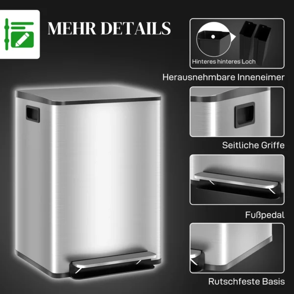 Vuilnisbak Met 2x20L Vakken, Soft Close deksel, Vingerafdrukbestendig, Roestvrij Staal, Zilver