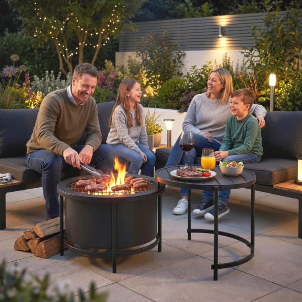 Vuurkom 66 X 63 X 41 Cm Rond Vuurplaats Met Grillrooster, Pook, Deksel, Stand Zwart