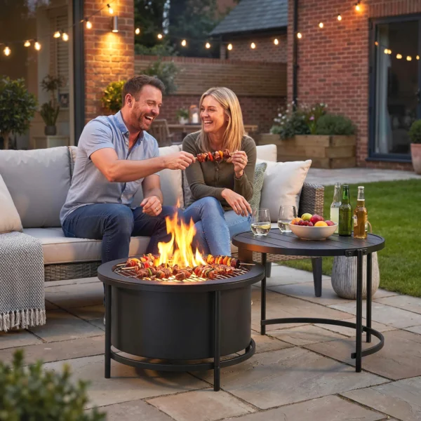 Vuurkom 66 X 63 X 41 Cm Rond Vuurplaats Met Grillrooster, Pook, Deksel, Stand Zwart