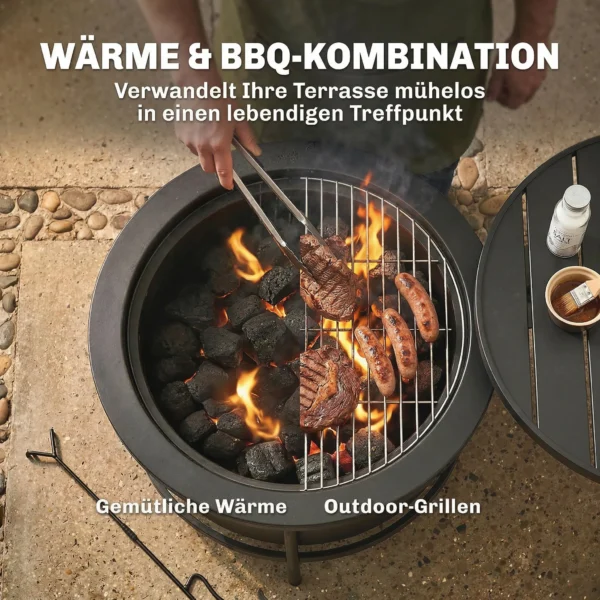 Vuurkom 66 X 63 X 41 Cm Rond Vuurplaats Met Grillrooster, Pook, Deksel, Stand Zwart