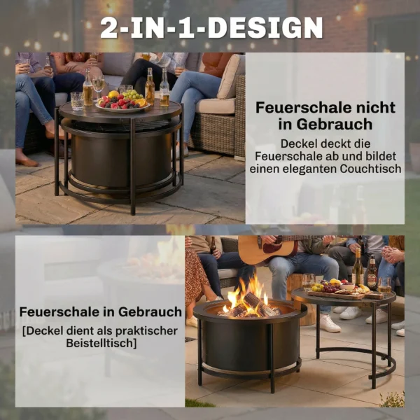 Vuurkom 66 X 63 X 41 Cm Rond Vuurplaats Met Grillrooster, Pook, Deksel, Stand Zwart