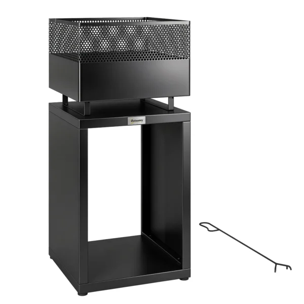 Vuurkorf 39 X 39 X 87 Cm Met Houtopslag, Koolrooster En Verstelbare Voeten, Zwart