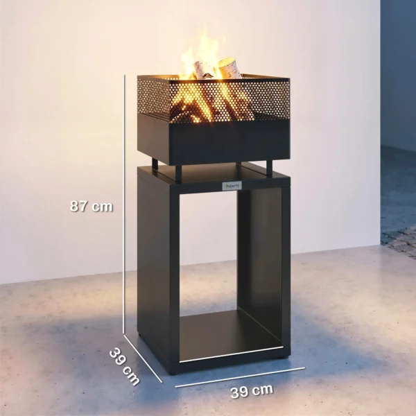 Vuurkorf 39 X 39 X 87 Cm Met Houtopslag, Koolrooster En Verstelbare Voeten, Zwart