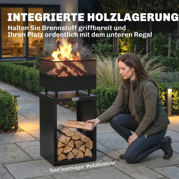 Vuurkorf 39 X 39 X 87 Cm Met Houtopslag, Koolrooster En Verstelbare Voeten, Zwart