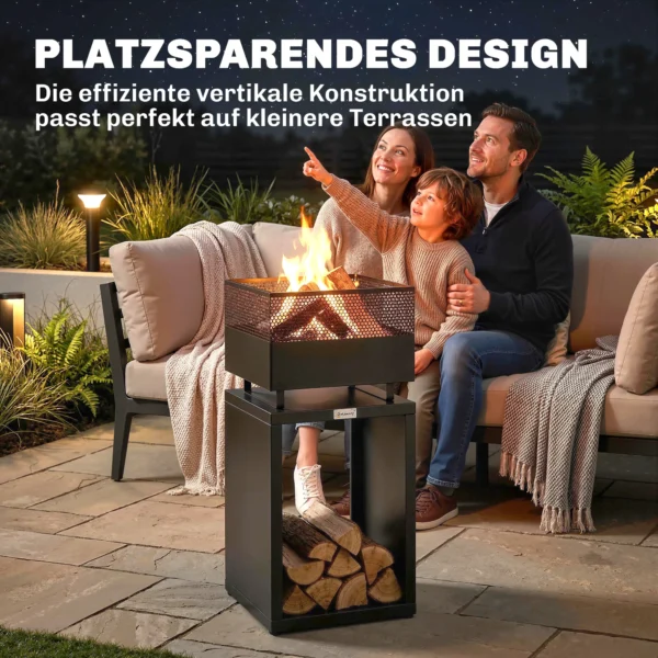 Vuurkorf 39 X 39 X 87 Cm Met Houtopslag, Koolrooster En Verstelbare Voeten, Zwart