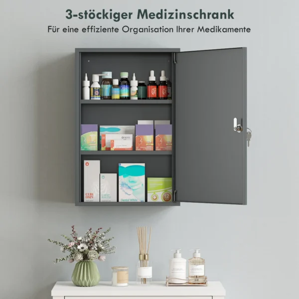 Wand Medisch Kastje, Badkamerkast Met 3 Planken, 2 Sleutels, 40 X 18 X 60 Cm, Grijs