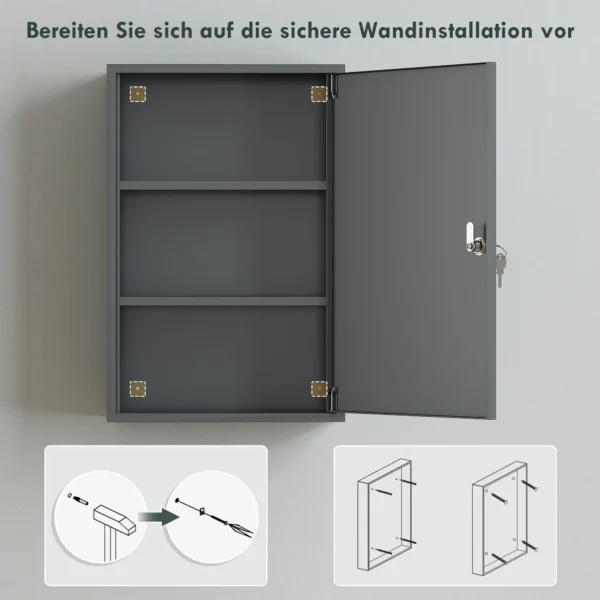 Wand Medisch Kastje, Badkamerkast Met 3 Planken, 2 Sleutels, 40 X 18 X 60 Cm, Grijs