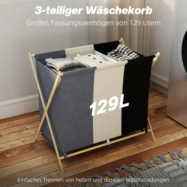 Wasmand Met 3 Vakken 129L Opvouwbaar Wasverzamelaar Voor Wasruimte Slaapkamer Meerkleurig