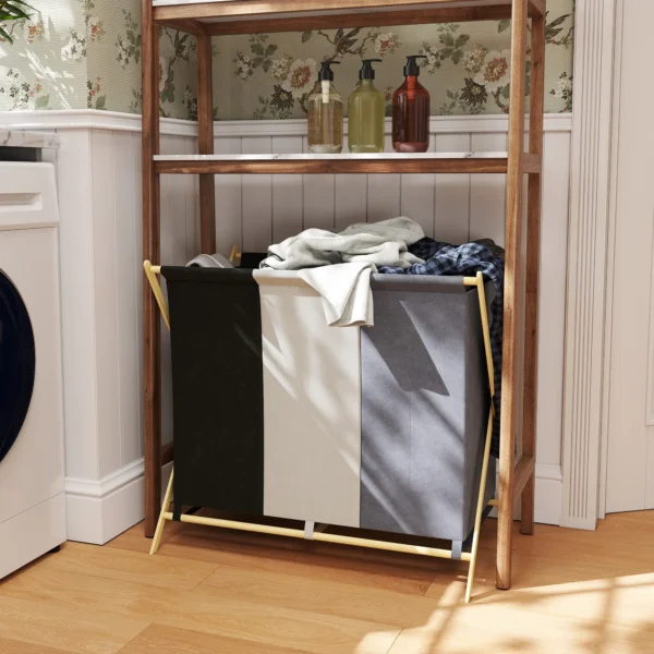 Wasmand Met 3 Vakken 129L Opvouwbaar Wasverzamelaar Voor Wasruimte Slaapkamer Meerkleurig